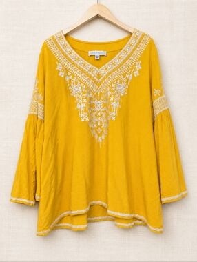 Chelsea & Theodore Mustard Embroidered Boho Peasant Top XXL Bell Sleeve